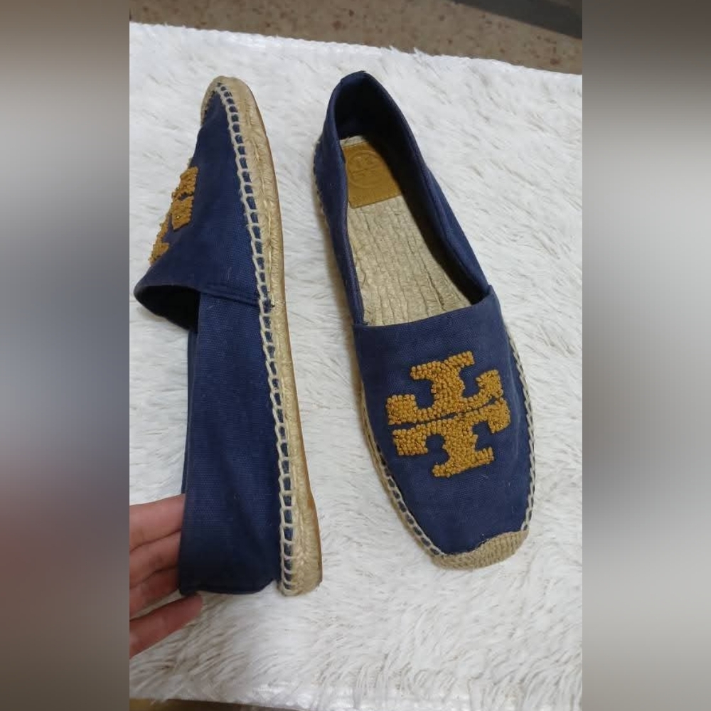 TORY BURCH Women's Elisa Blue Golden Fry Canvas Embroidered Espadrilles SZ 11M - Picture 2 of 9